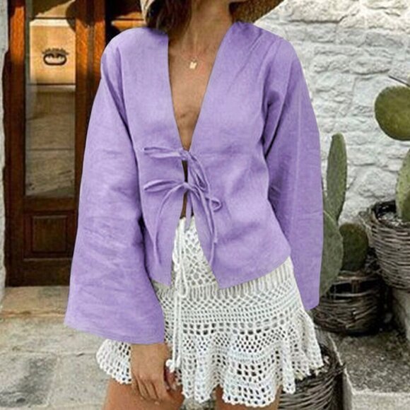 Purple Casual Women's Tie Front Flounce Sleeve Blouse - Picture 3 of 5